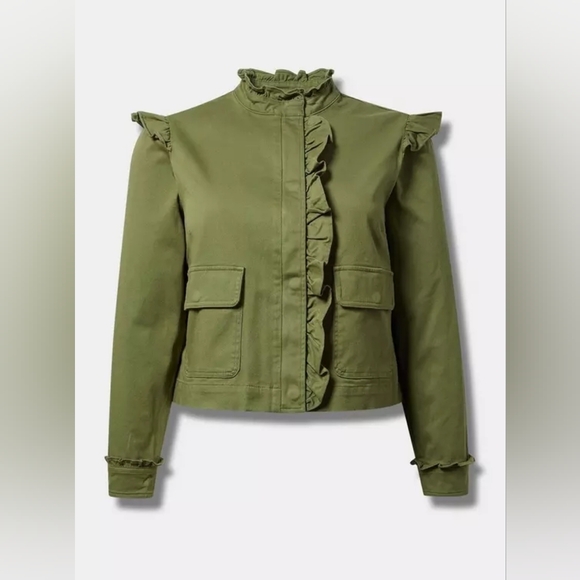 Olive Green Ruffle Trim Jacket - Picture 1 of 4